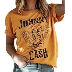 Stylish Boots Letter JOHNNY CASH Printed Short Sleeves Round Neck Graphi…